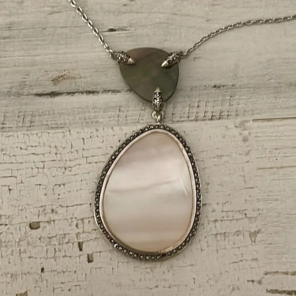 Judith Jack Sterling Silver Mother of Pearl Marcasite Pendant Necklace